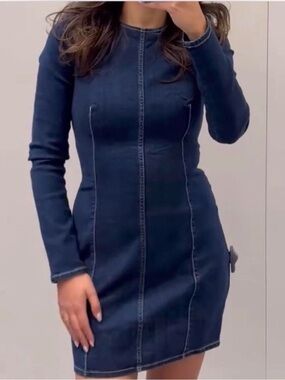 Zara Dark Blue Long-Sleeve Denim Mini Dress